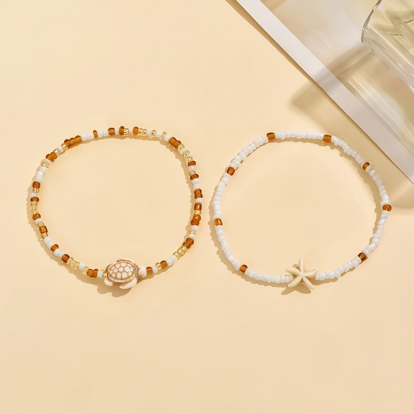 2pcs Beach Glass Bead Anklets Starfish Sea Turtle Ankle Bracelet Set
